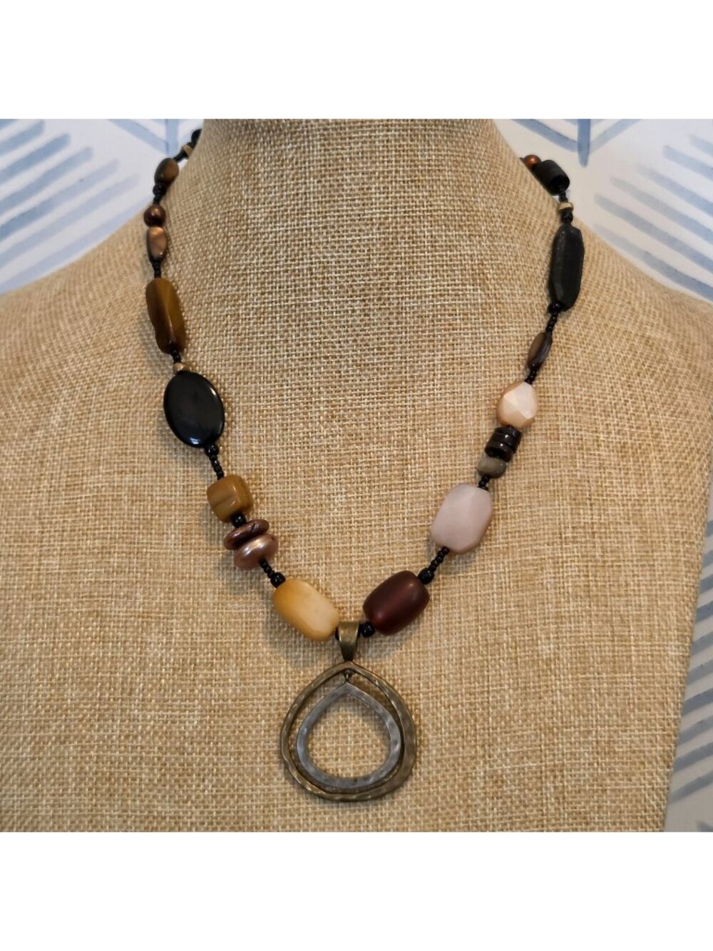 Silpada Abalone Shell Glass Beaded Necklace Sterling Silver & Brass Pendant